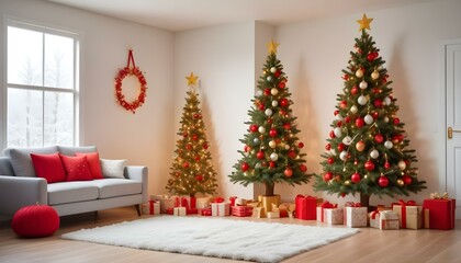 Árbol de Navidad en un Espacio Acogedor Un árbol de Navidad decorado con luces y adornos en tonos dorados y rojos, colocado en un rincón de una sala moderna con un fondo de pared blanca o de madera