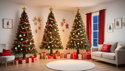Árbol de Navidad en un Espacio Acogedor Un árbol de Navidad decorado con luces y adornos en tonos dorados y rojos, colocado en un rincón de una sala moderna con un fondo de pared blanca o de madera