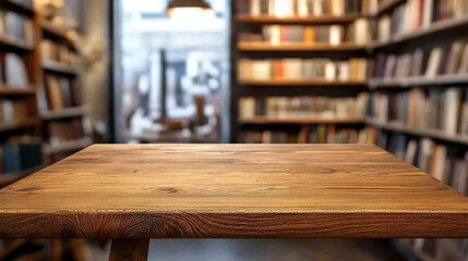 Empty wooden table top with a blurred bookstore or library background