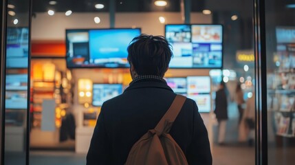 Person Observing Digital Displays in a Store at Night