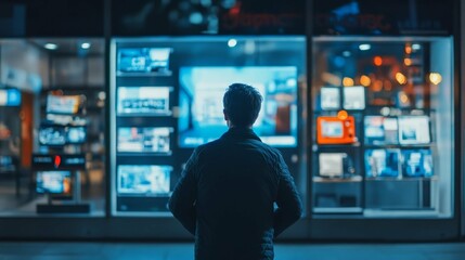 Urban Night Scene: Person Observes Digital Displays