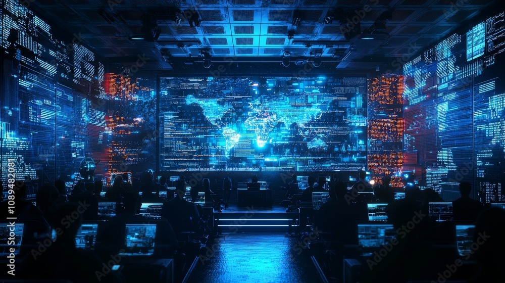 Aufkleber a futuristic control room filled with glowing screens and data visualizations, showcasing a digital 