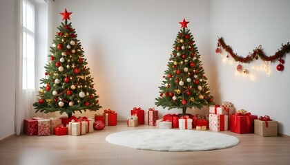 Árbol de Navidad en un Espacio Acogedor Un árbol de Navidad decorado con luces y adornos en tonos dorados y rojos, colocado en un rincón de una sala moderna con un fondo de pared blanca o de madera