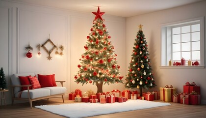 Árbol de Navidad en un Espacio Acogedor Un árbol de Navidad decorado con luces y adornos en tonos dorados y rojos, colocado en un rincón de una sala moderna con un fondo de pared blanca o de madera