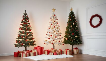Árbol de Navidad en un Espacio Acogedor Un árbol de Navidad decorado con luces y adornos en tonos dorados y rojos, colocado en un rincón de una sala moderna con un fondo de pared blanca o de madera