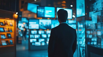 Businessman Contemplating Data on Digital Screens