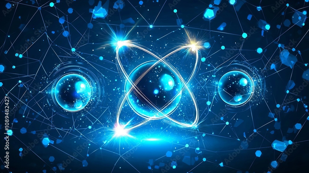 Poster stunning abstract depicting a cosmic atomic design with glowing light orbits and bright sparkles res