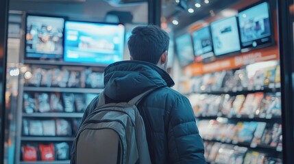 Man Browsing a Modern Retail Store at Night