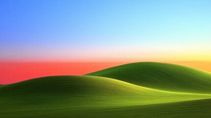 Sunset view on a rolling green grass field, with the sky transitioning from soft blue to vibrant orange, capturing nature's beauty.