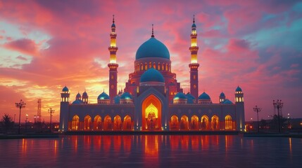 Fototapeta premium Majestic mosque at sunset, reflecting in water. (1)