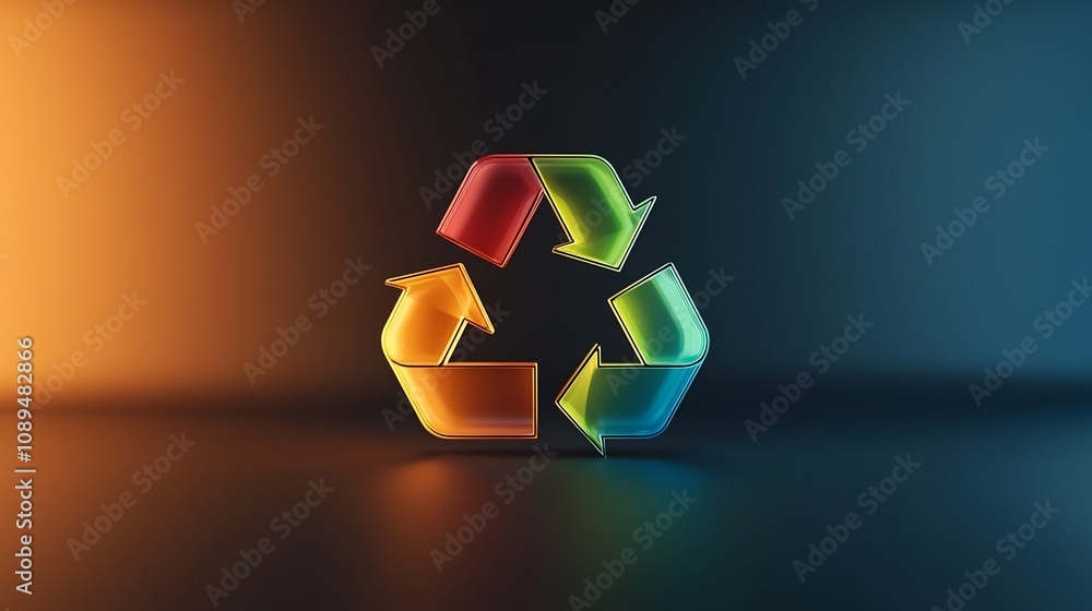 Poster stylized 3d recycling logo made of colorful gradient glass elements with light rays emanating from t