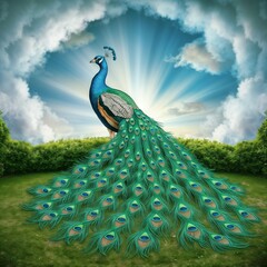 Obraz premium A vibrant, detailed vector of a majestic peacock showcasing its colorful feathers. Ideal for posters, prints, logos, or design projects needing a touch of elegance