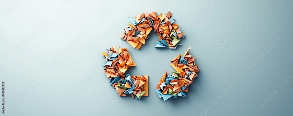 Poster stylized recycling logo or symbol made of vibrant overlapping paper fragments in various colors shap