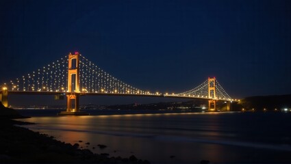 Fototapeta premium Nighttime view of a lit suspension bridge over water with reflections and hills in the background. Generative, AI,