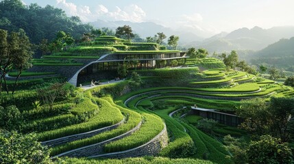 A lush, terraced landscape featuring green hills, modern architecture, and a serene atmosphere, showcasing the beauty of sustainable design.