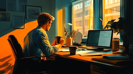 A focused individual working at a desk with coffee and laptop, illuminated by warm sunlight streaming through a window.