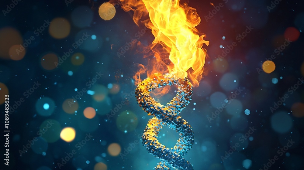 Poster symbolic image of a torch with flames forming the dna helix representing the driving force and gover