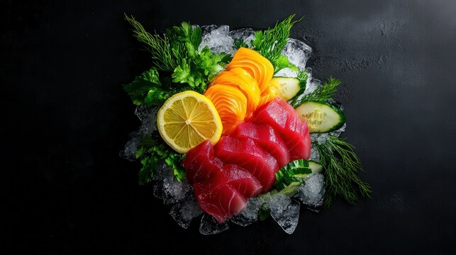 Fresh sashimi platter with lemon, tuna, cucumber, and greens on a dark background.