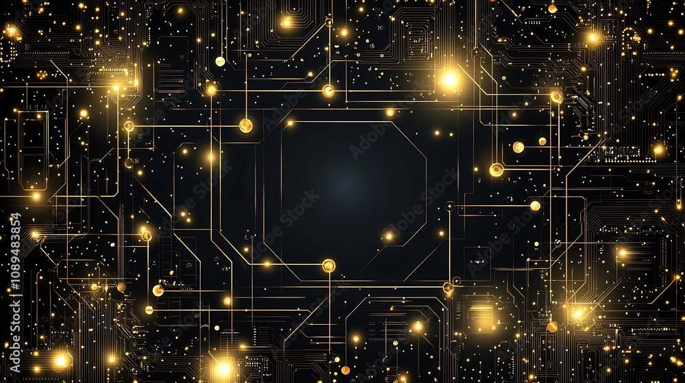 Poster this mesmerizing dark and luxurious tech background features vibrant golden circuitry intricate elec