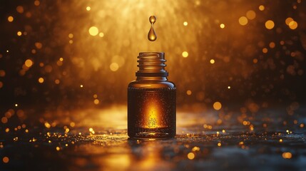 Captivating Golden Oil Drop Splashes Dramatically from a Glass Bottle Amidst a Sparkling Golden Background for Artistic and Commercial Use
