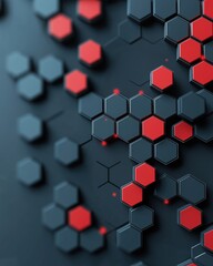 Futuristic hexagonal pattern with black and red 3d shapes and digital glow accents in abstract geometric design for tech and innovation themes