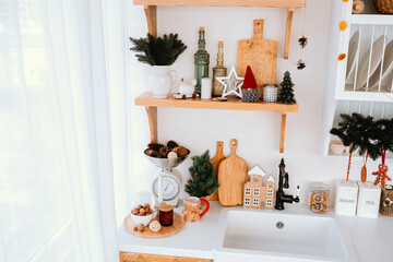 Cozy kitchen decor with festive elements and natural accents in December