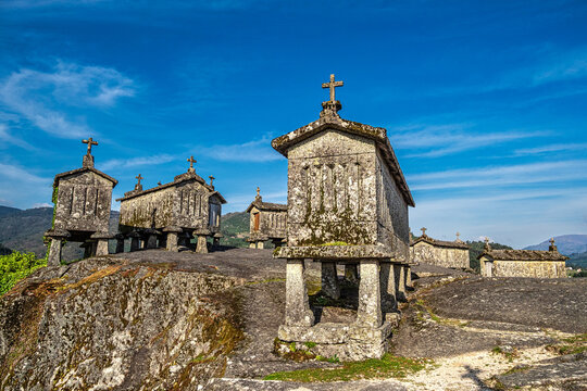 The communitarian granaries, called espigueiros, in the village of Soajo, Peneda National Park, Northern Portugal