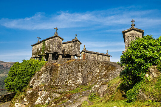 The communitarian granaries, called espigueiros, in the village of Soajo, Peneda National Park, Northern Portugal