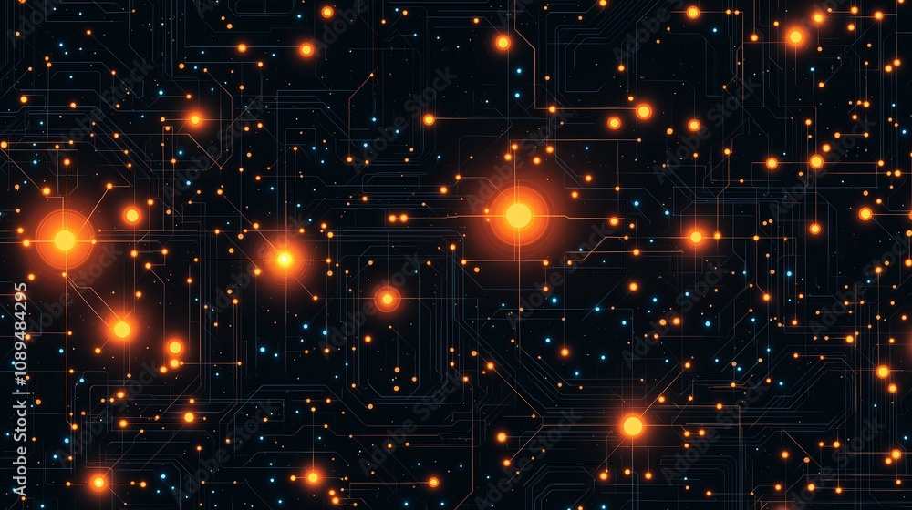 Poster abstract background of digital circuitry with glowing orange and blue nodes against a dark canvas, r
