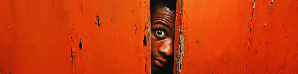 A man trying to fit his body through a narrow door.
