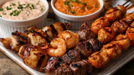 Fototapeta premium Grilled Meat and Seafood Platter with Dipping Sauces and Seasonal Vegetables for a Delicious Barbecue Experience