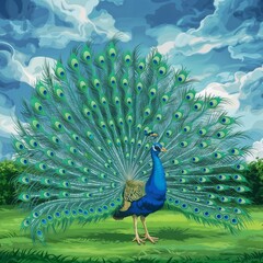 Obraz premium A vibrant, detailed vector of a majestic peacock showcasing its colorful feathers. Ideal for posters, prints, logos, or design projects needing a touch of elegance