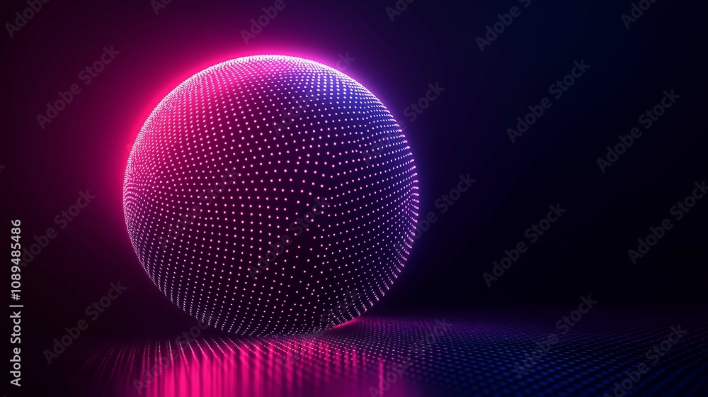 Poster abstract glowing sphere with intricate dot pattern and vibrant pink and blue light reflections illum