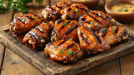 Grilled Chicken Wings with Glaze Served on Rustic Wooden Platter Accompanied by Dipping Sauce and Fresh Herbs for Summer Feast or Barbecue Gathering
