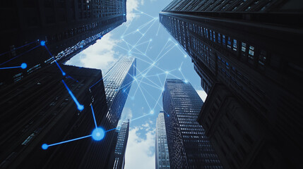 Smart digital Innovation Business skyscrapers in the Financial District with connection network reciprocity over the cityscape. of future smart wireless digital city and social media networking