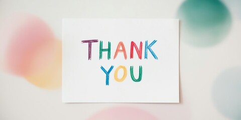 A plain paper with a child?s crayon handwriting spelling ?Thank You,? surrounded by wide margins and space to create a clean, minimalist effect. 2