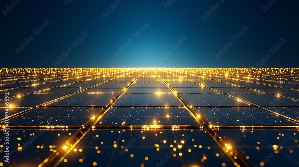 Poster expansive view of a futuristic grid with glowing lights and sparkling particles, representing innova