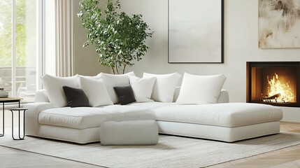 Modern White Sectional Sofa with Fireplace and Plant