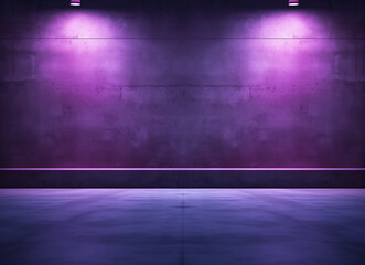 Dark purple and blue gradient background, empty room with concrete floor, wall, dark background, purple wall, blue lighting, purple light.
