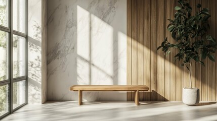 Modern Minimalist Interior Design with Wooden Bench and Plants
