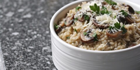 Bowl of creamy mushroom risotto, garnished with freshly grated Parmesan cheese and chopped parsley, served on a grey quartz surface
