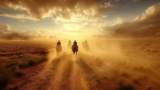 Open on a dusty trail in the Old West. A line of wagons train moves slowly kicking up clouds of dirt. In the lead wagon, two cowboys sit atop their horses, looking up ahead at a rugged,