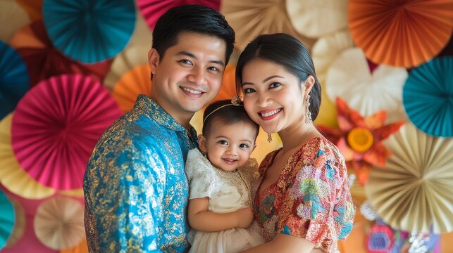 Celebrating Filipino Maternity and Family in Traditional Barong Tagalog with Festive Backdrop and Colorful Decor