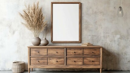 Wooden Dresser with Empty Frame and Plants
