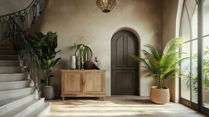 Rustic Interior Design with Wooden Cabinet and Plants