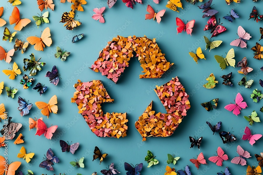 Poster vibrant recycling logo or icon surrounded by a whimsical array of tiny colorful butterflies symboliz