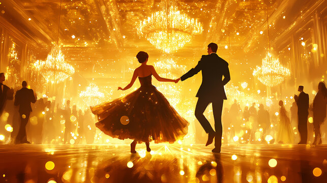 Elegant ballroom dance with couples in formal attire amidst chandeliers and golden light. dance event, sophistication, elegance concept. Elegant Ballroom Dance. Illustration