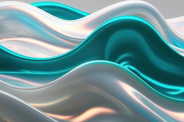 Fototapeta premium 3D Visualization of Fluid Iridescent Waves in Serene Pearl White and Turquoise Hues