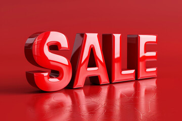 Glossy red 3D "sale" lettering on a matching red background with subtle texture, creating a striking promotional design