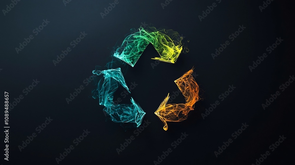 Poster vivid and dynamic recycling logo design with abstract smoke like trails in shades of green blue and 